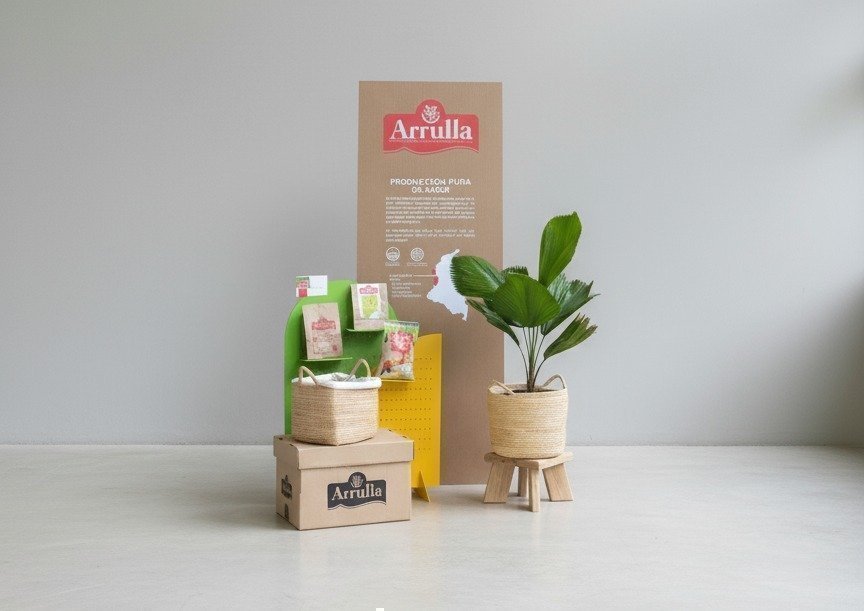 Estantería y cajas de diseño con materiales de la marca Arrulla, planta en maceta y fondo gris claro.